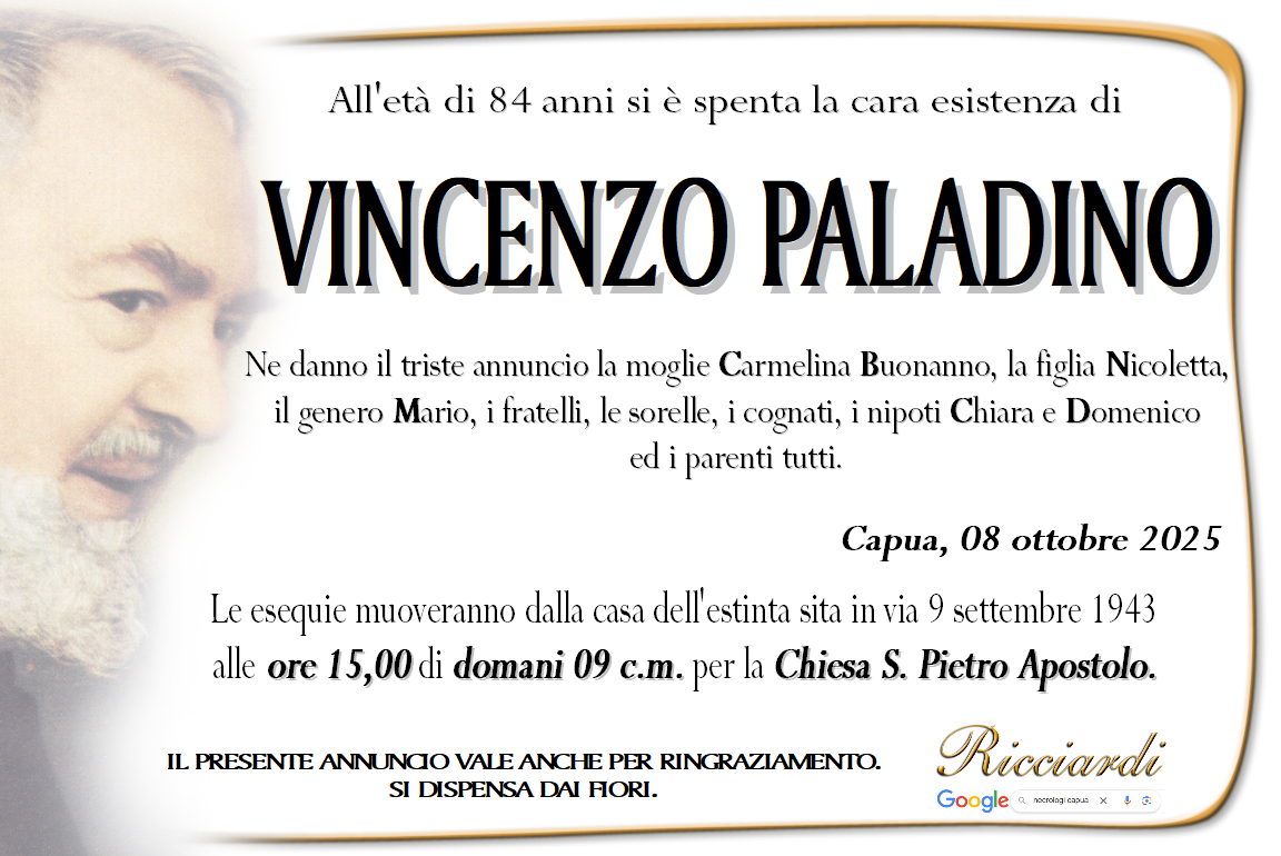 necrologio VINCENZO PALADINO