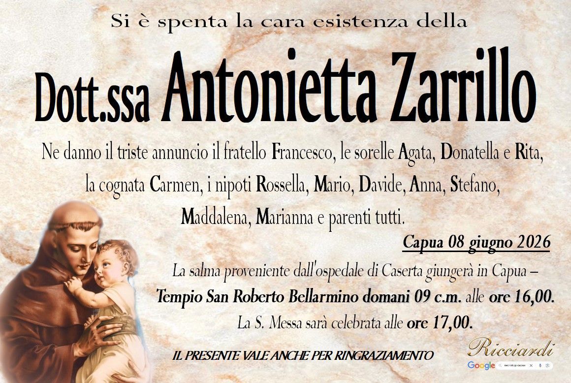 necrologio Dott.ssa Antonietta Zarrillo