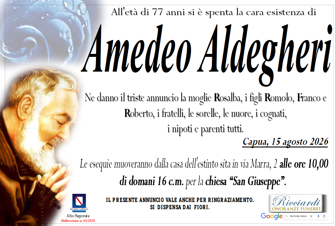 necrologio Amedeo Aldegheri