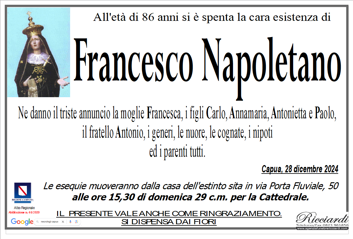 necrologio Francesco Napoletano