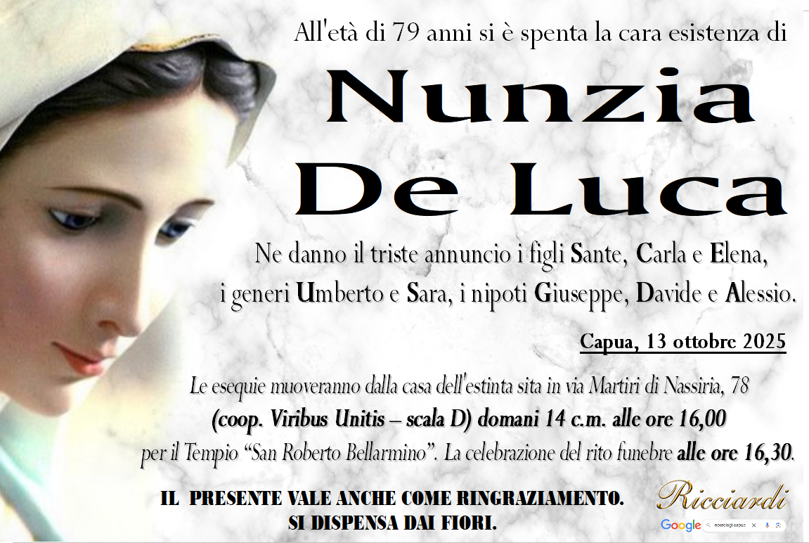 necrologio Nunzia De Luca