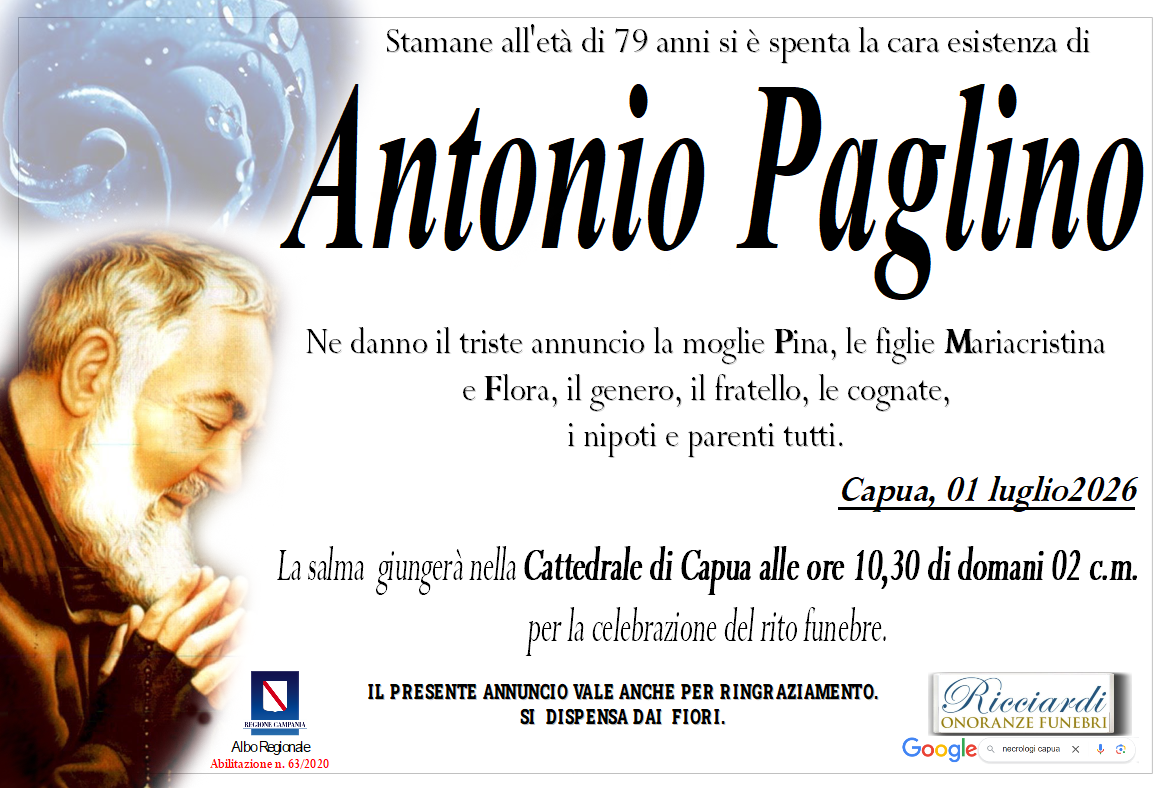 necrologio Antonio Paglino