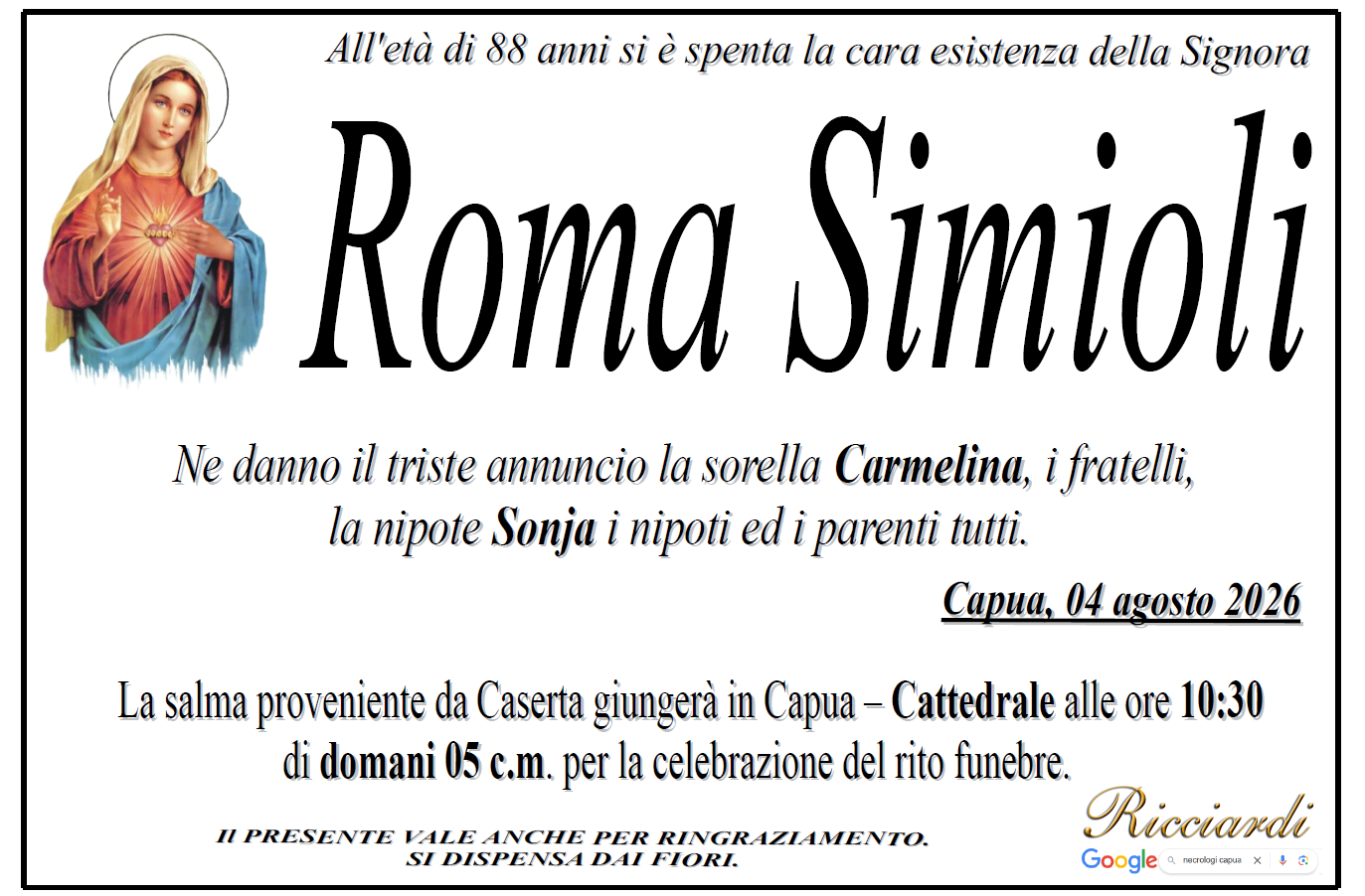 necrologio Roma Simioli