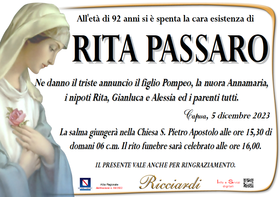 necrologio RITA PASSARO