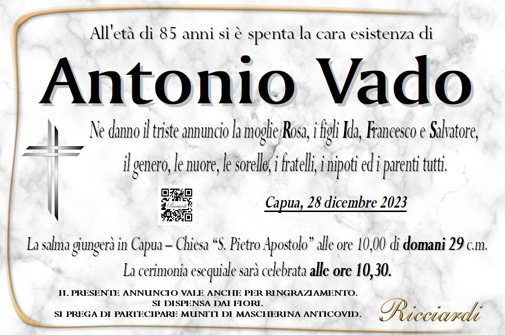 necrologio Antonio Vado
