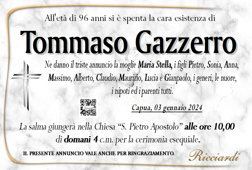 necrologio Tommaso Gazzerro