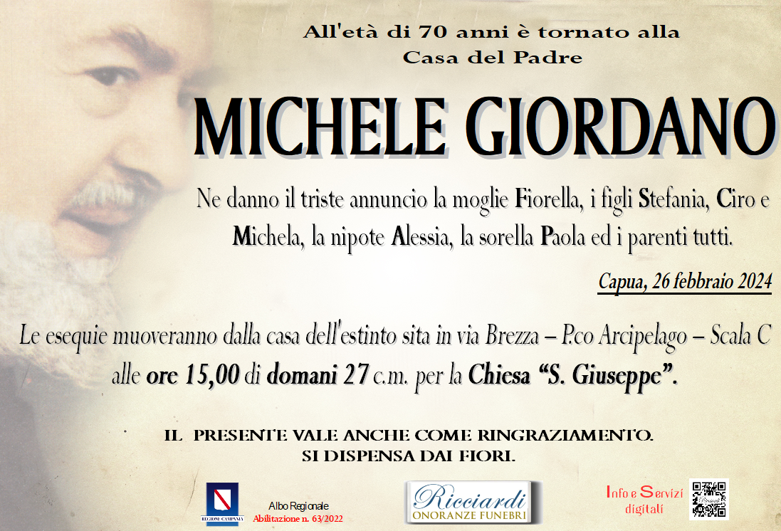necrologio MICHELE GIORDANO