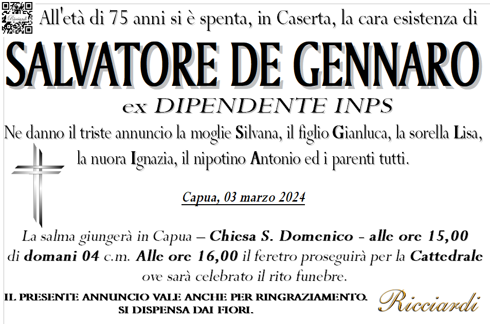 necrologio SALVATORE DE GENNARO