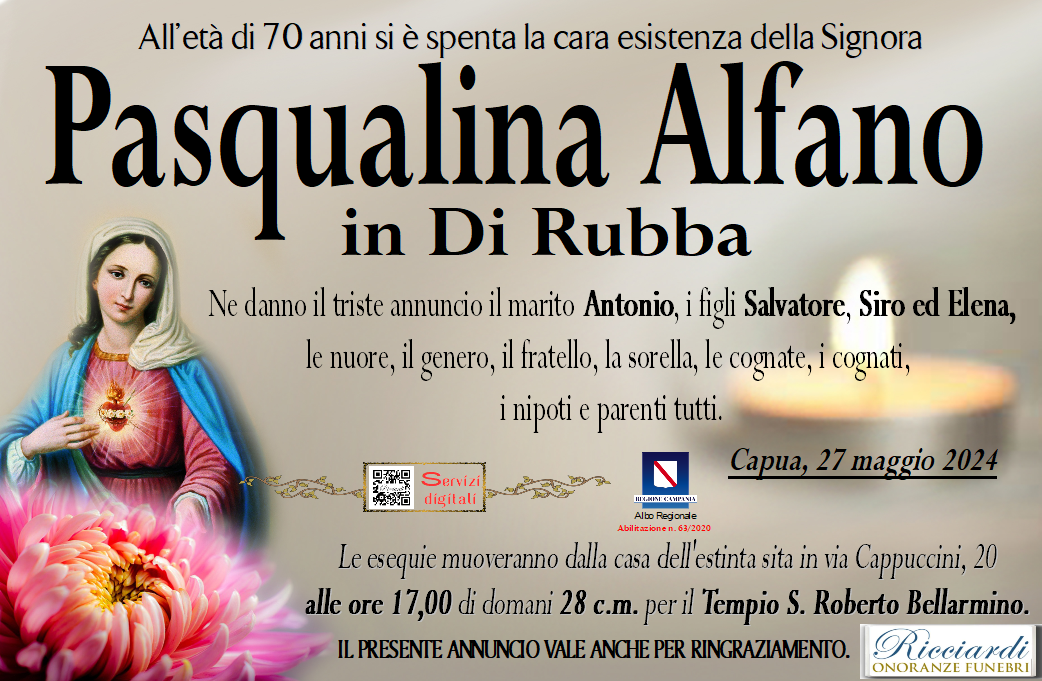 necrologio Pasqualina Alfano
