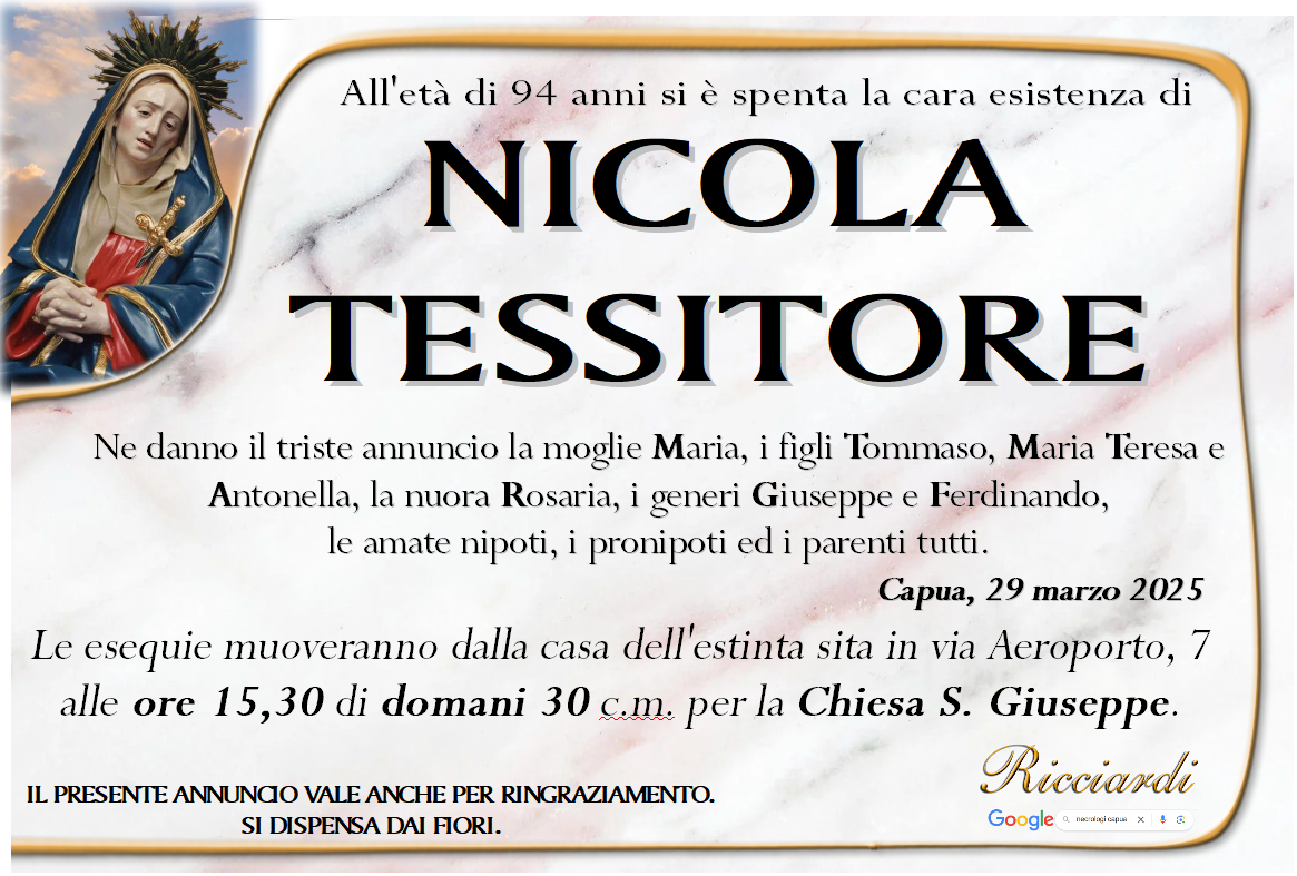 necrologio NICOLA TESSITORE