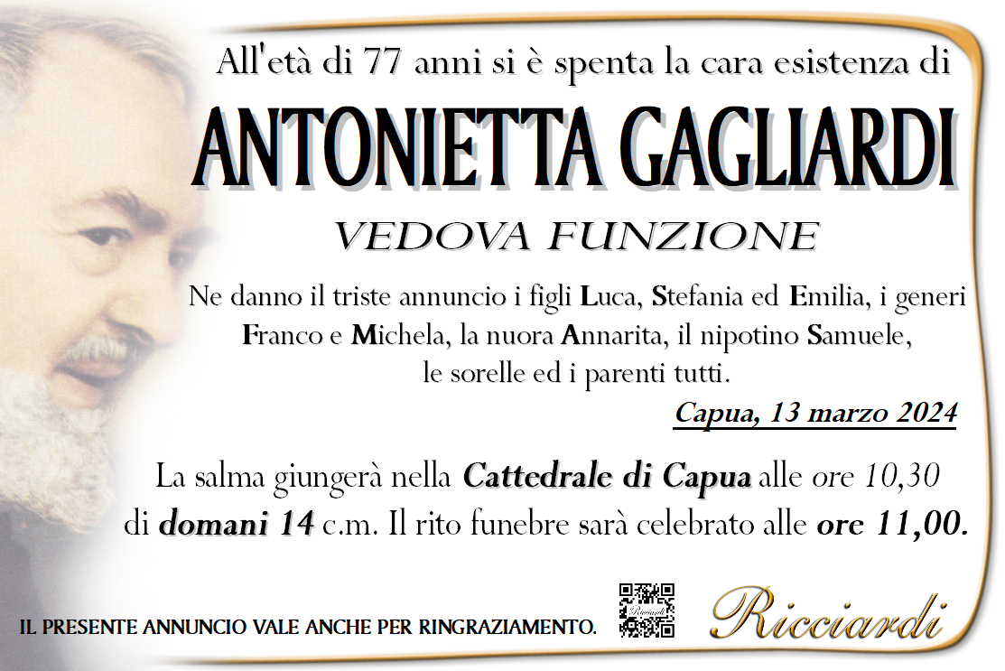 necrologio ANTONIETTA GAGLIARDI