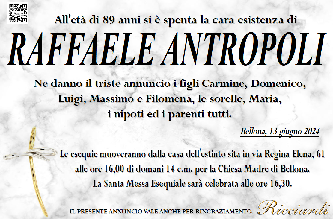 necrologio RAFFAELE ANTROPOLI