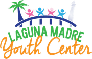 Laguna Madre Youth Center logo: Palm tree, lighthouse, children, bridge arch over text.