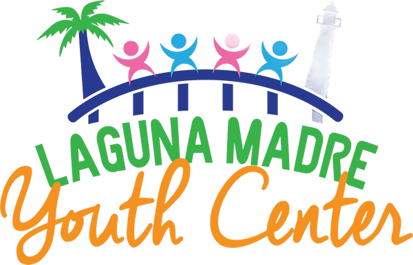 Laguna Madre Youth Center logo: Palm tree, lighthouse, children, bridge arch over text.