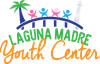 Laguna Madre Youth Center logo: Palm tree, lighthouse, children, bridge arch over text.