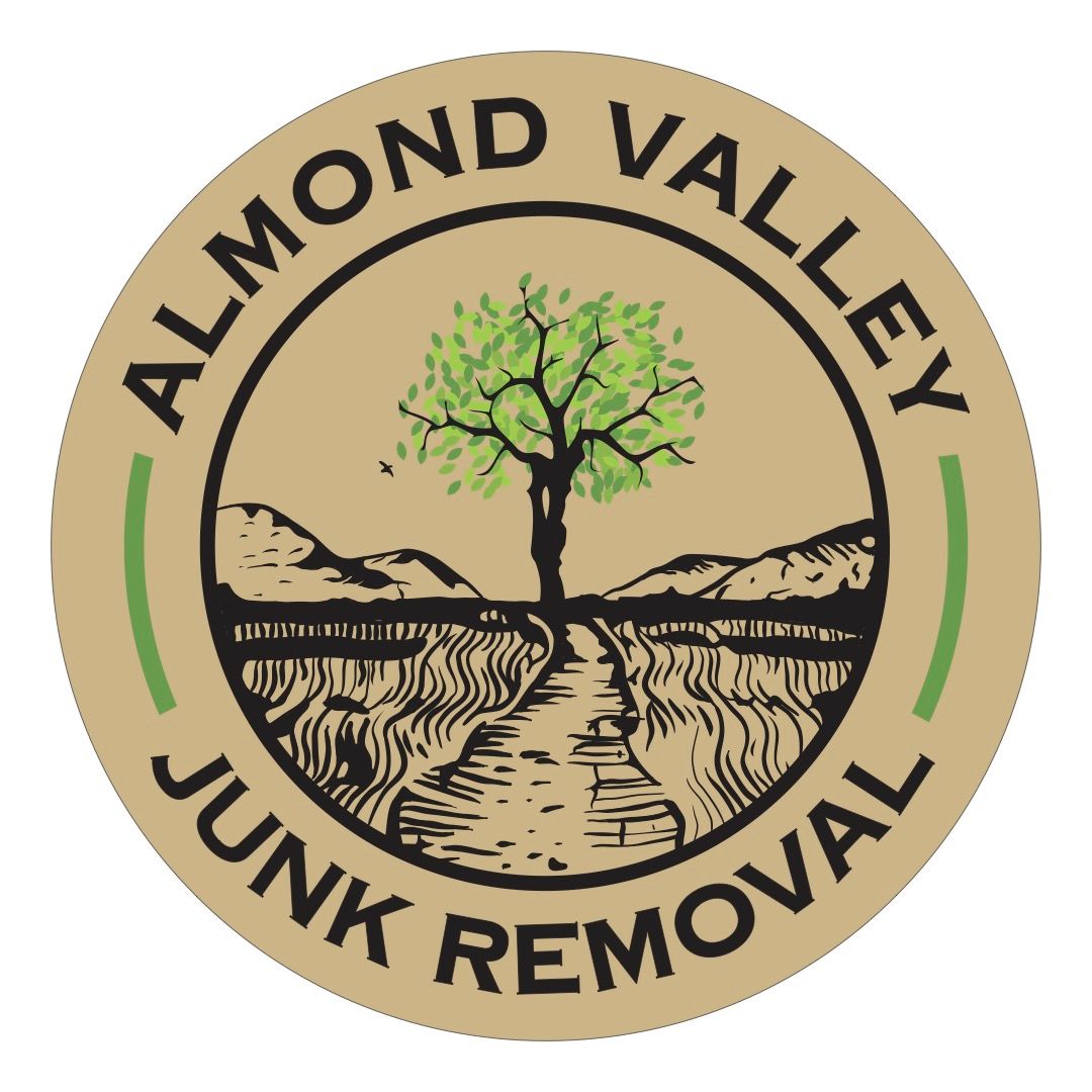 A logo for almond valley junk removal with a tree in the middle