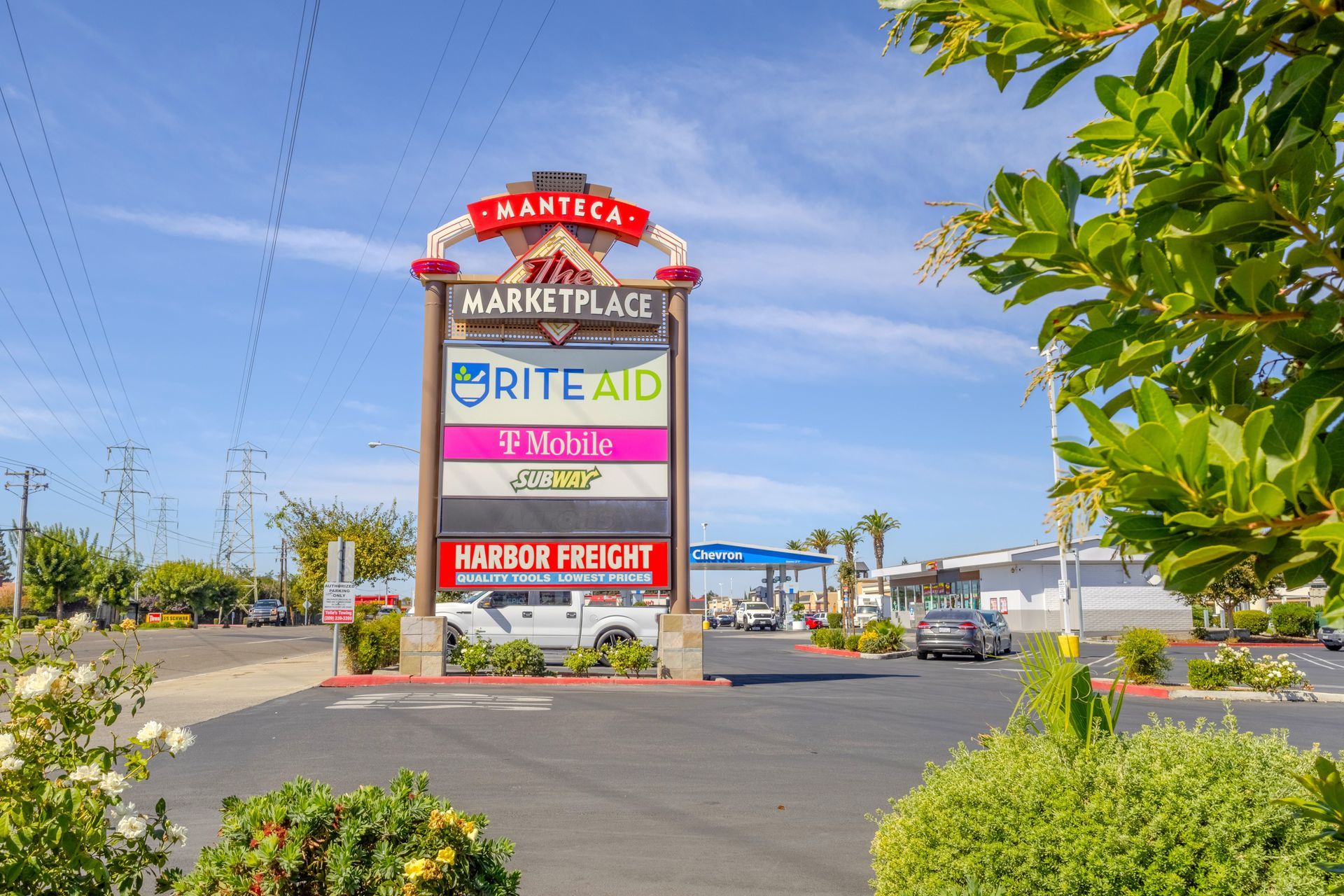 The Marketplace shopping center sign in Manteca, CA, a local retail landmark