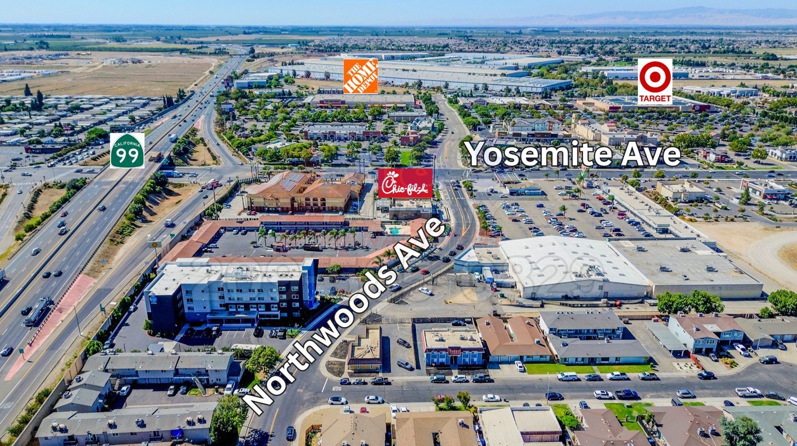 Aerial view of Manteca, CA at Yosemite Ave and Northwoods Ave near Highway 99