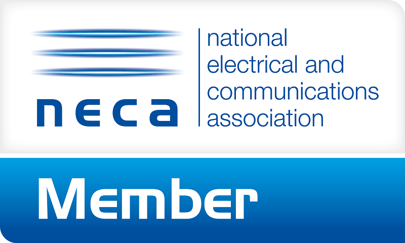 A blue and white logo for the national electrical and communications association
