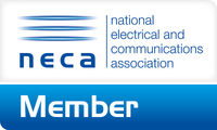 A blue and white logo for the national electrical and communications association