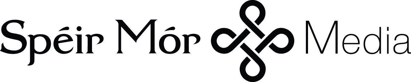 The logo for Spéir Mór Media featuring a black celtic-inspired knot icon between the words