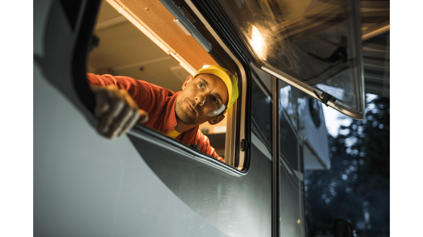 A person in a yellow cap and red shirt leans out of an open RV window.