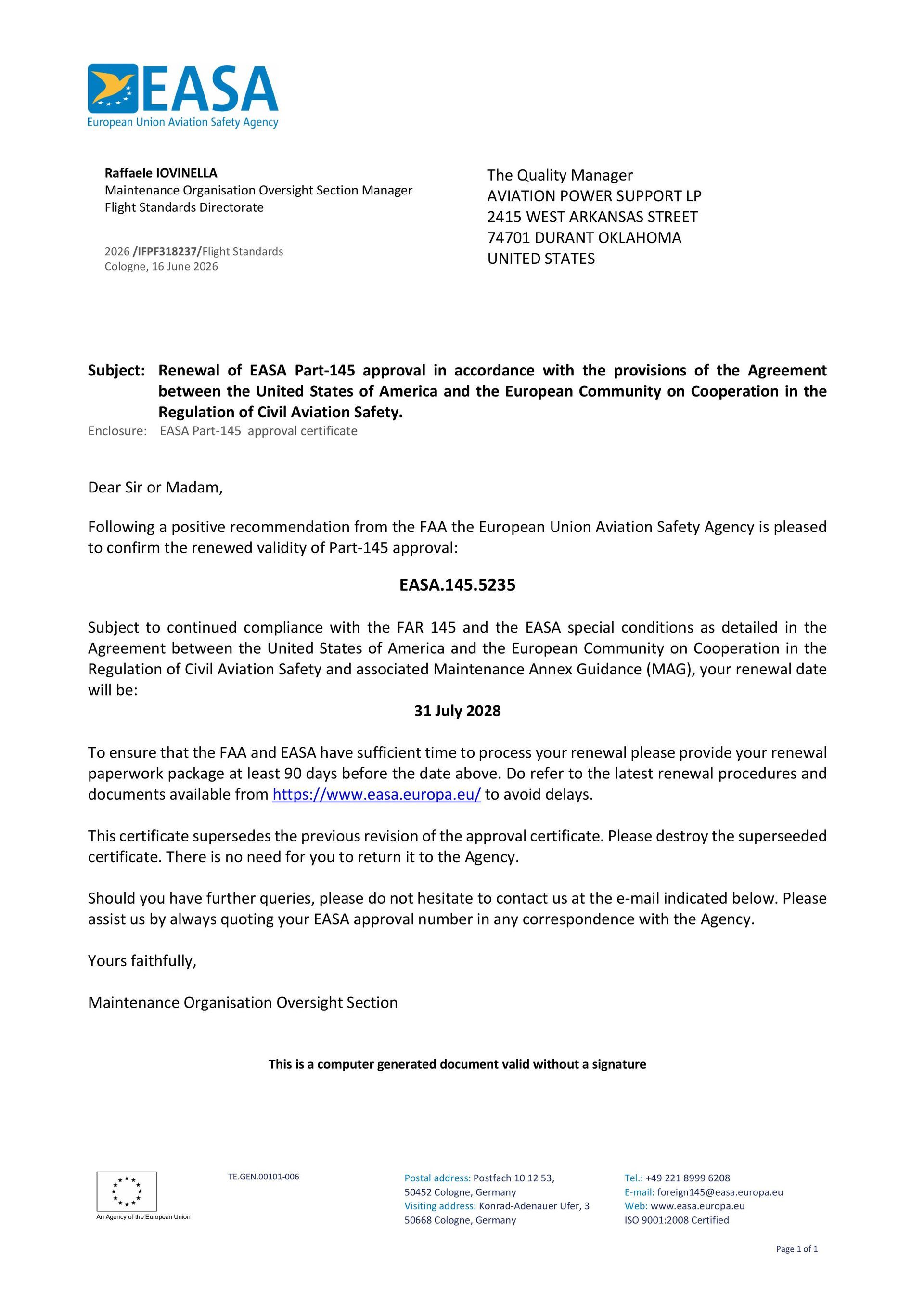 A letter from easa is on a white background.