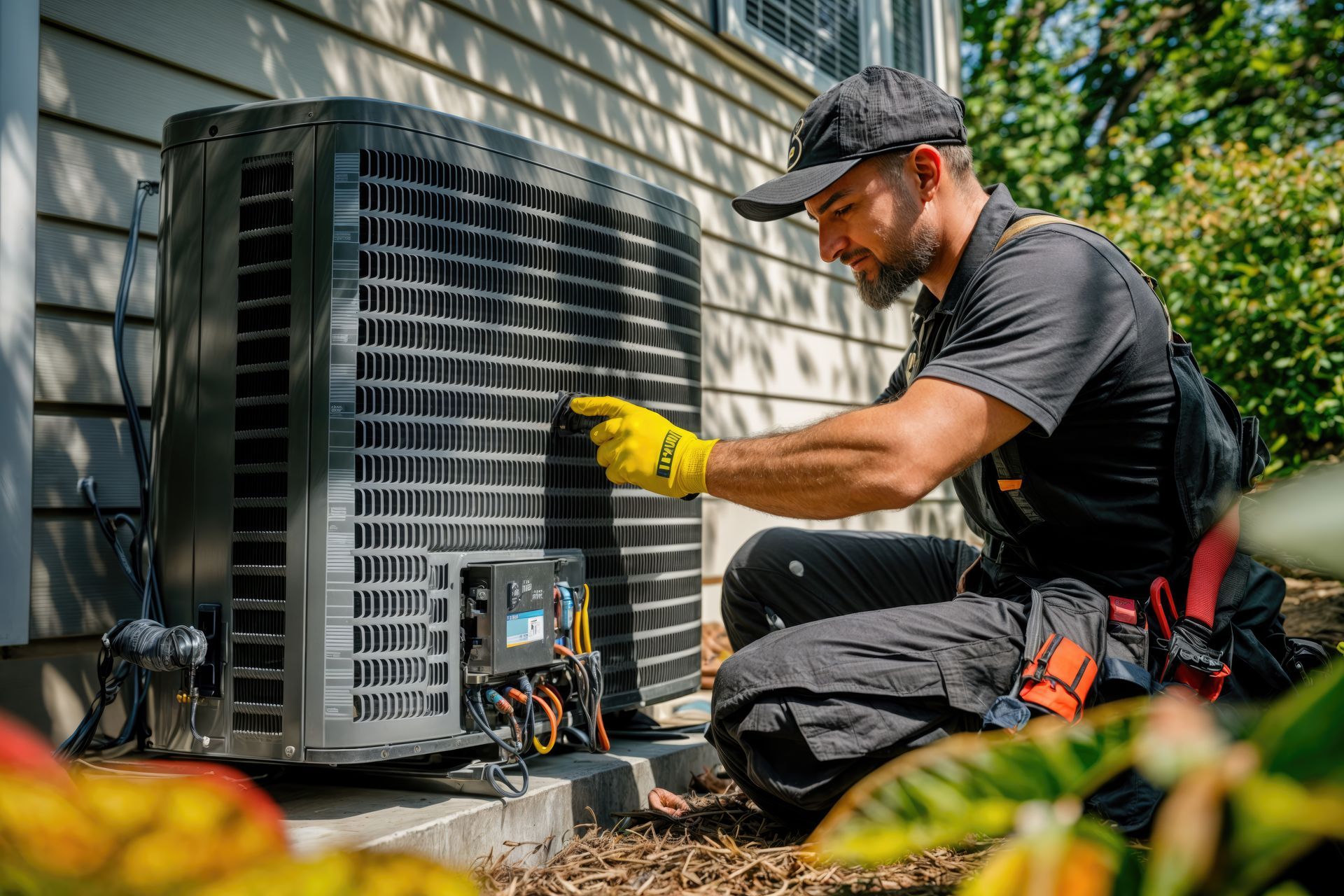 HVAC maintenance contractor in a black cap and yellow gloves cleaning an outdoor AC condenser unit.
