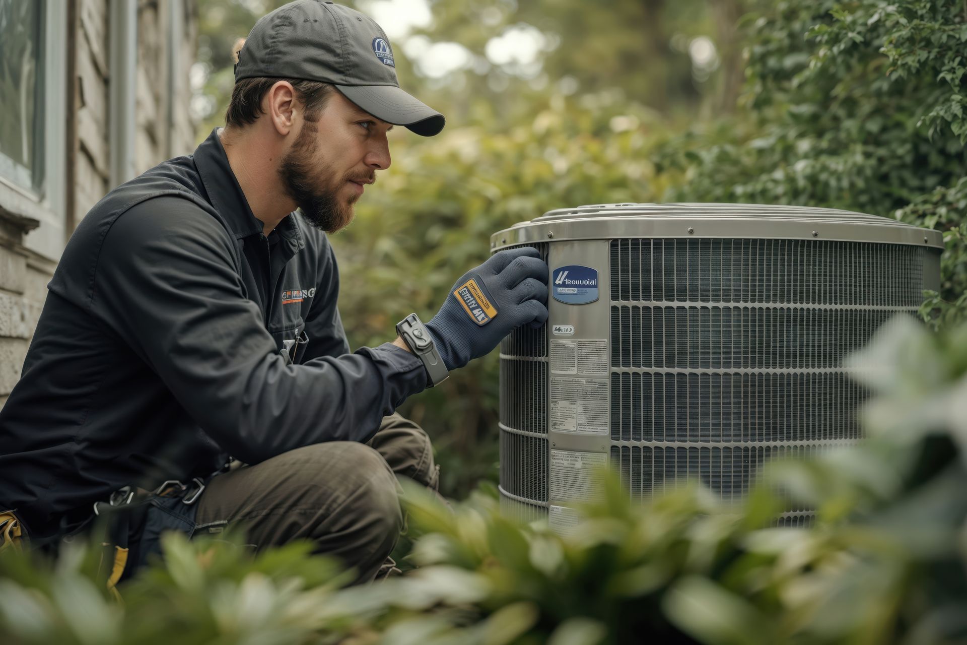 Technician in gloves inspecting a rooftop HVAC unit beside a house