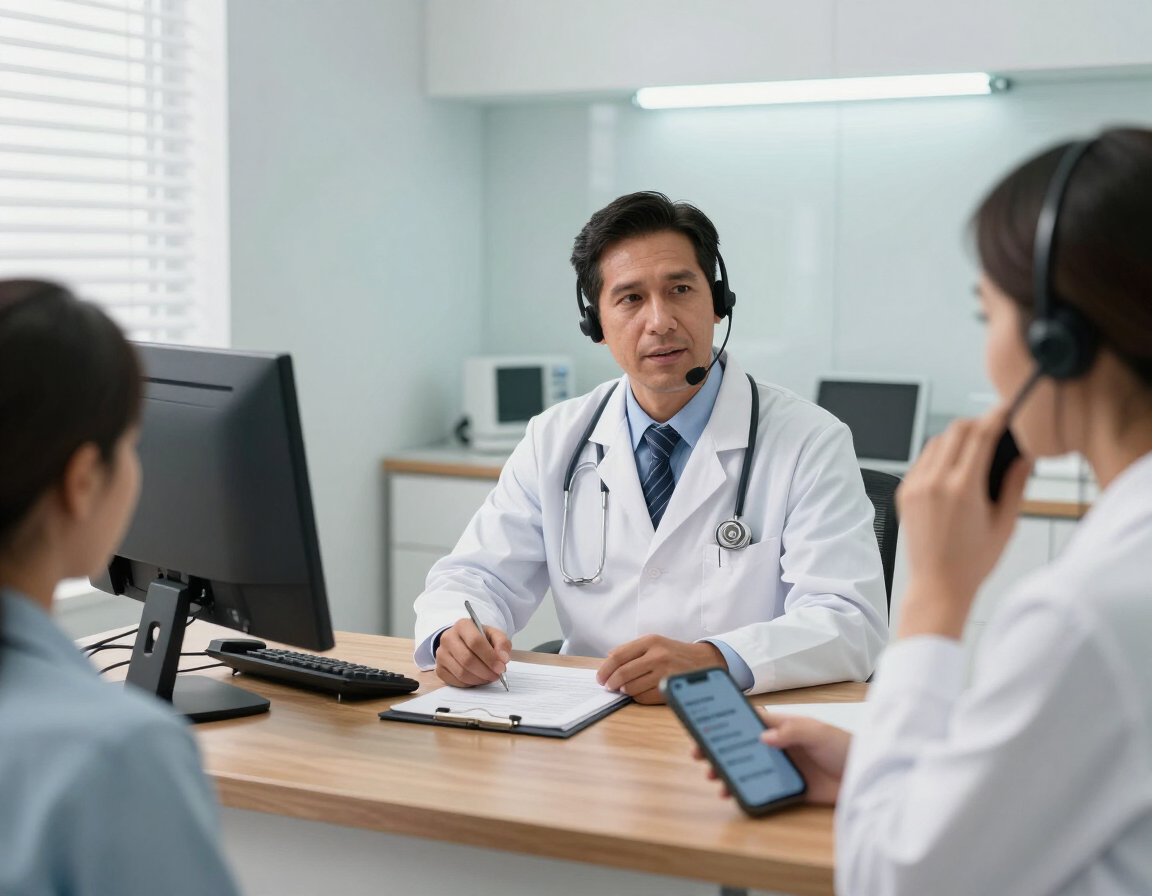 Un médico atiende a dos pacientes en una luminosa consulta, uno de ellos con un teléfono inteligente en la mano.
