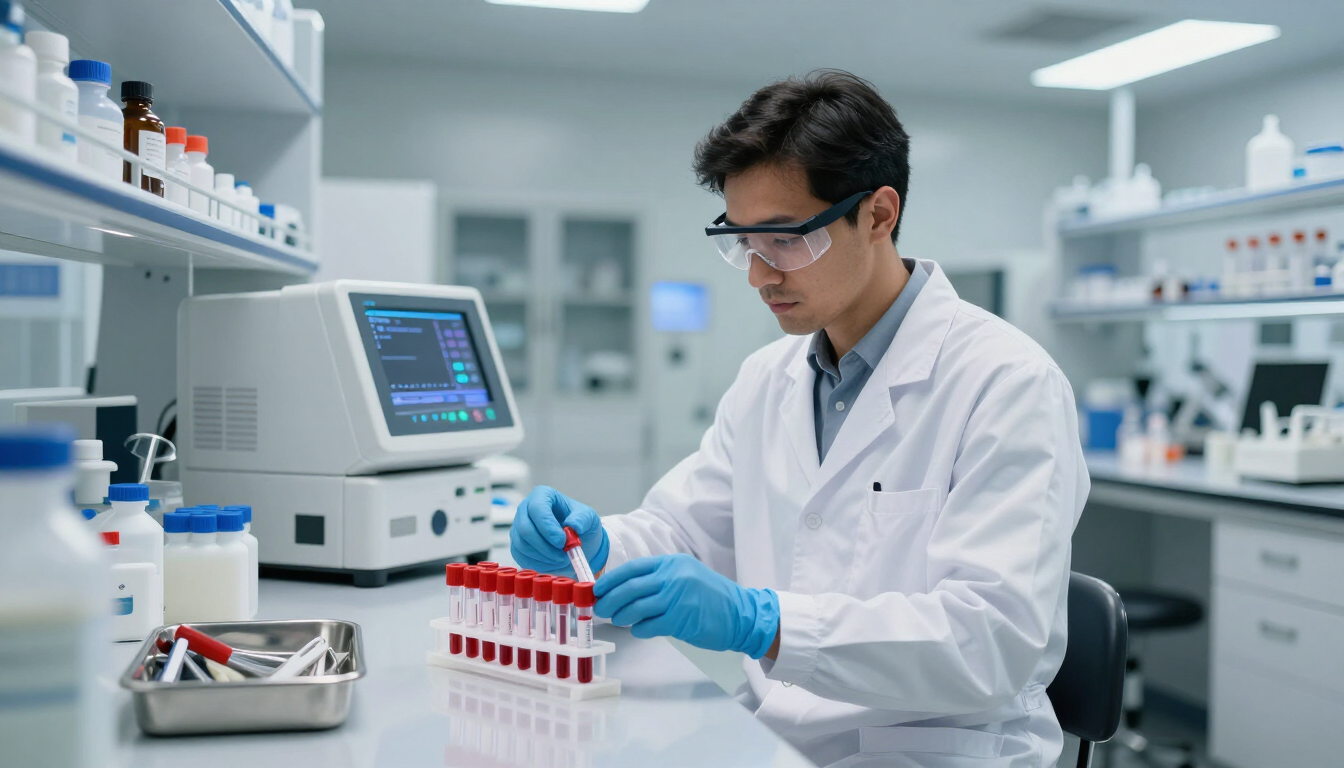 Científico con bata blanca y guantes azules manipulando muestras de sangre en un laboratorio bien iluminado.