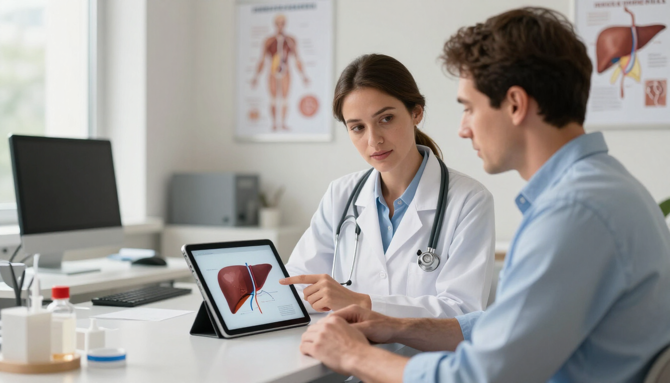Un médico le muestra a un paciente una ecografía hepática en una tableta en el consultorio de una clínica.