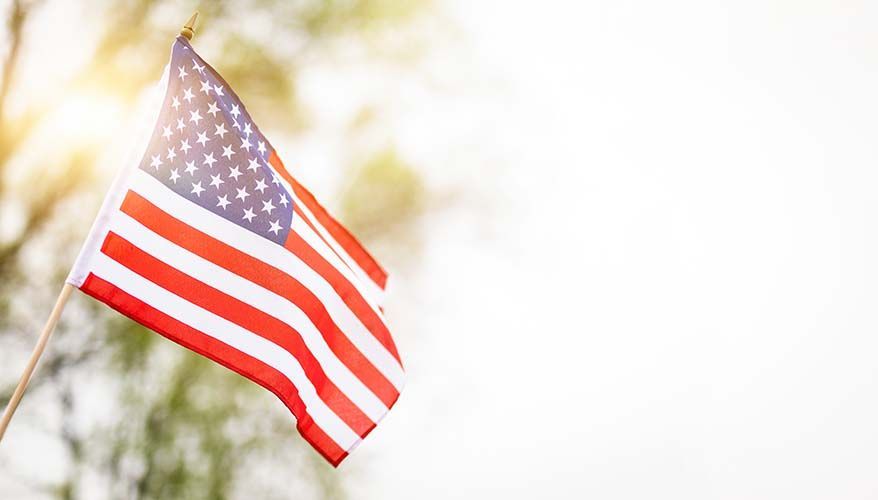 An American flag waves against a soft, bright, out-of-focus background with a sunlit effect.