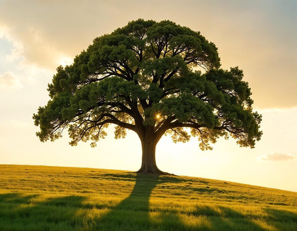 A large, lush green tree stands alone on a grassy hill during a golden sunset, casting a long shadow forward.