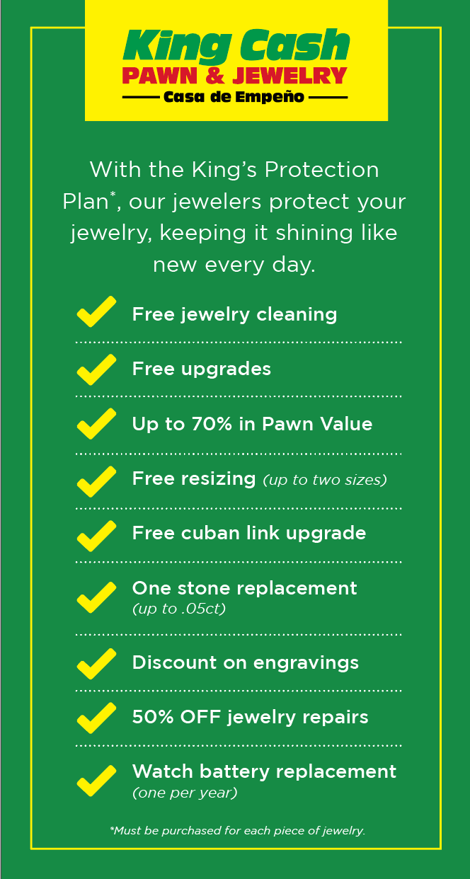 King’s Protection Plan offers free cleaning, upgrades, resizing, stone replacement, and discounts on repairs and engravings.