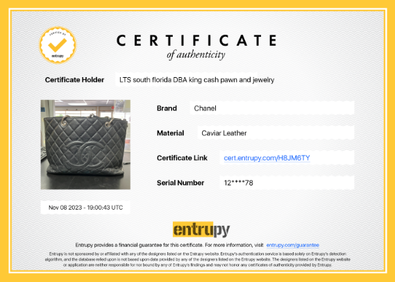 Certificate of authenticity for a leather Chanel bag