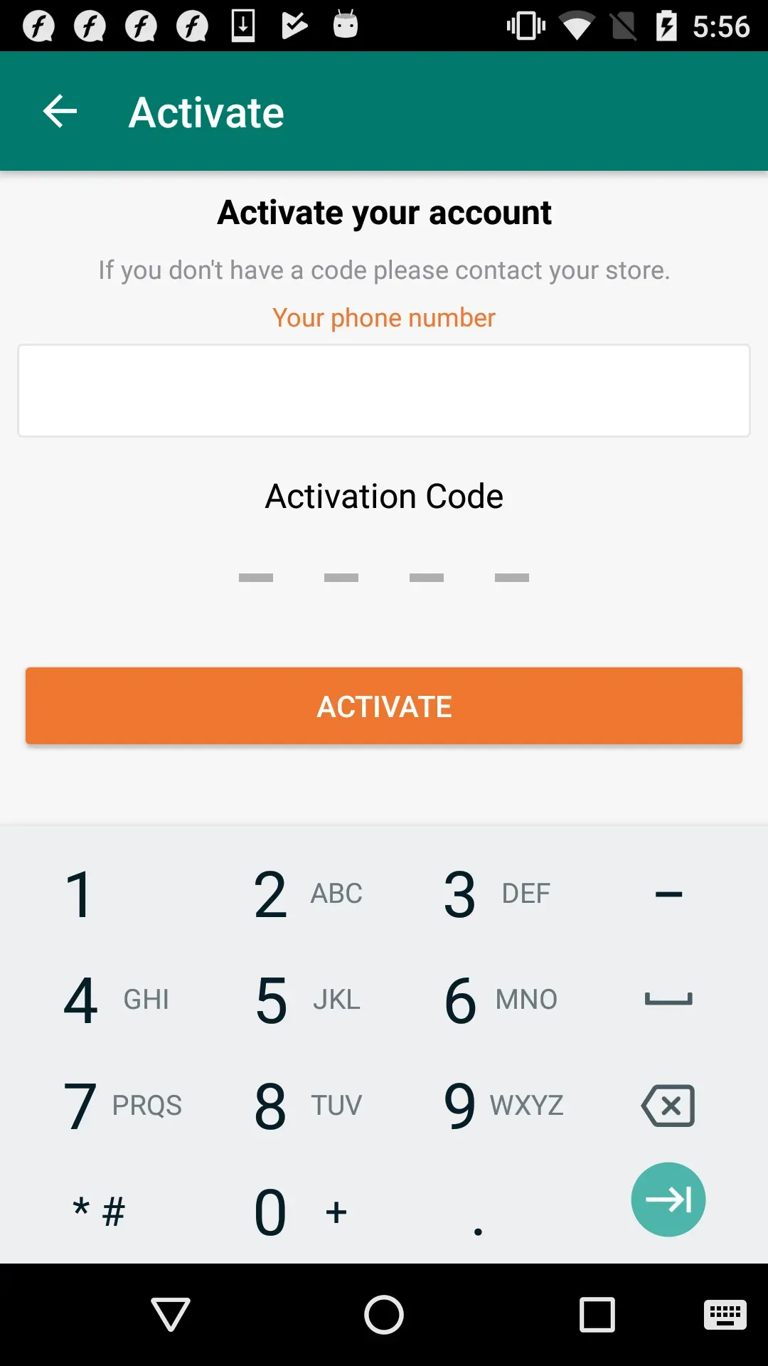 Screen in MobilePawn app showing Activation code needed to activate account