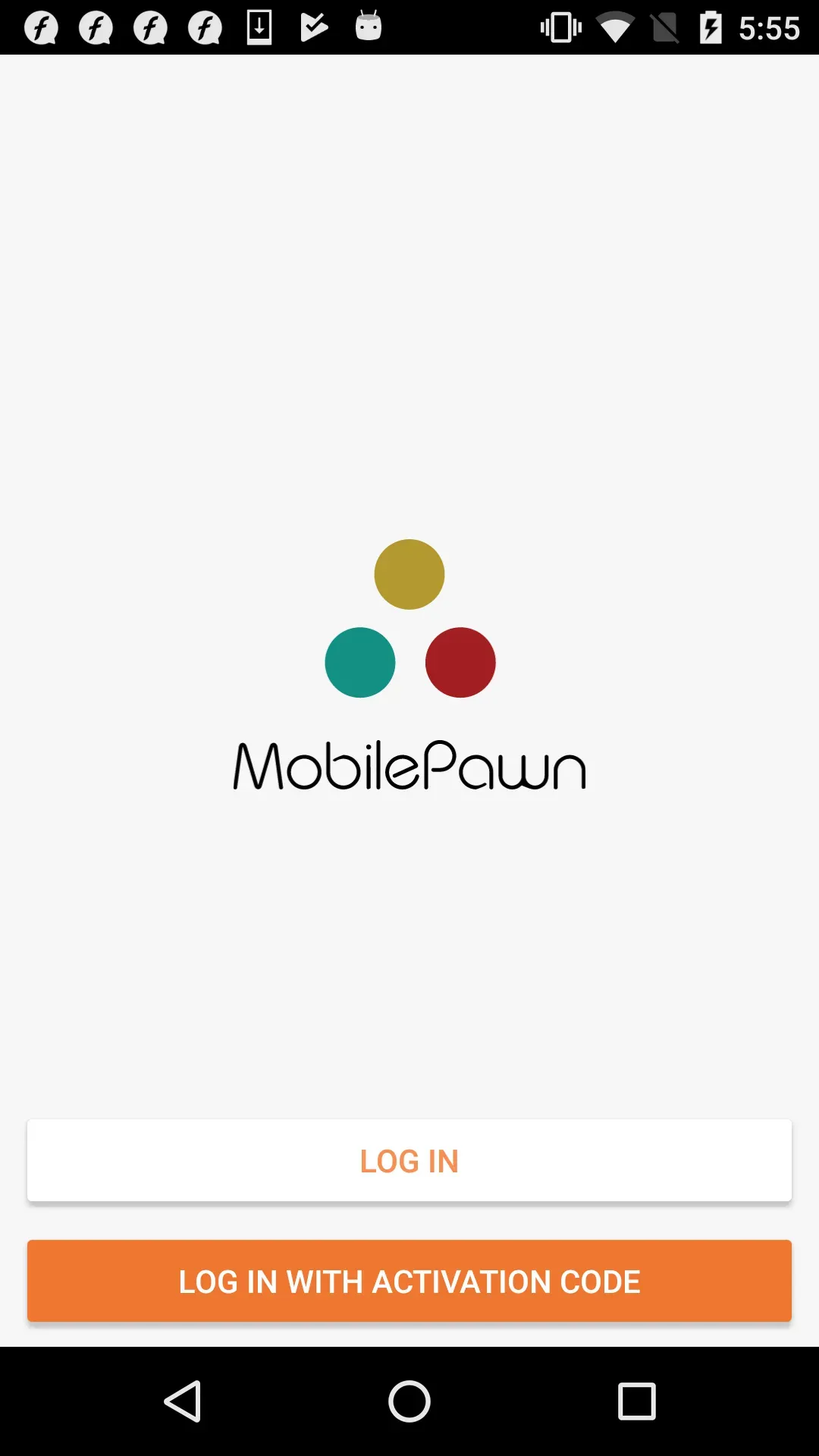 Picture of the Mobile Pawn app's first screen with Log-in button and log in witch activation button