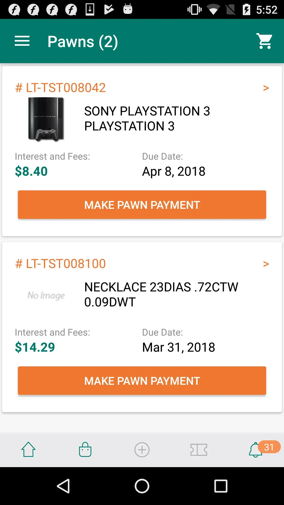MobilePawn app screen showing 2 active pawns of a playstation and a necklace
