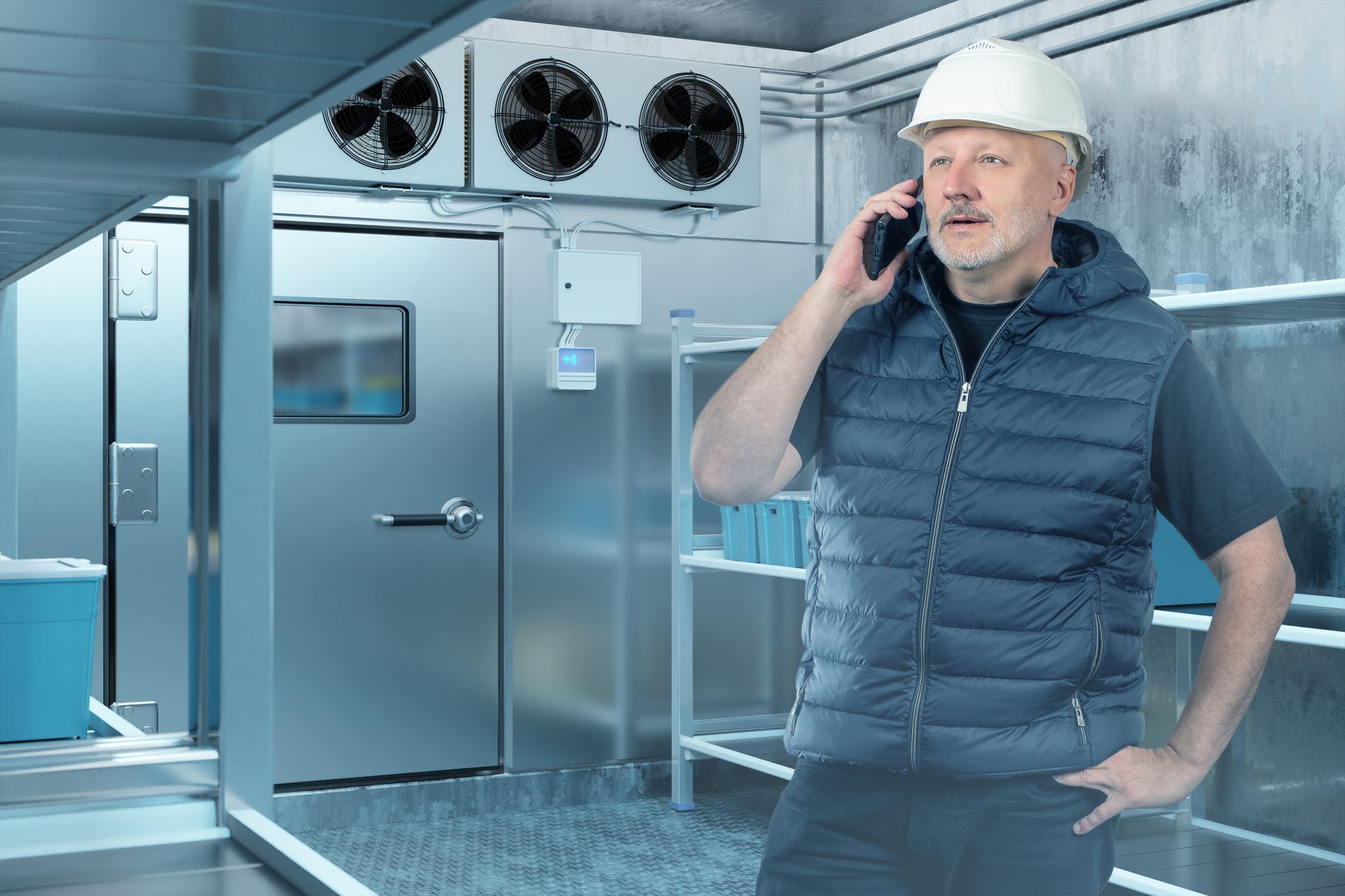 A technician checking the installation of a warehouse refrigerator while talking on his phone. A technician checking the installation of a warehouse refrigerator while talking on his phone.