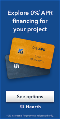 Hearth ad offering 0% APR financing up to 18 months, with a