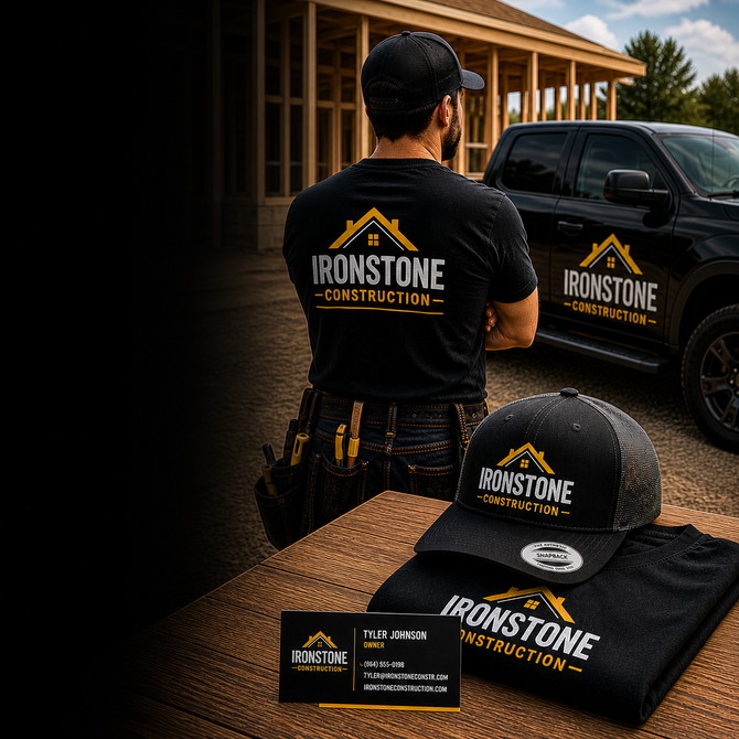 Contractor branding mockup showing branded workwear, truck graphics and business cards
