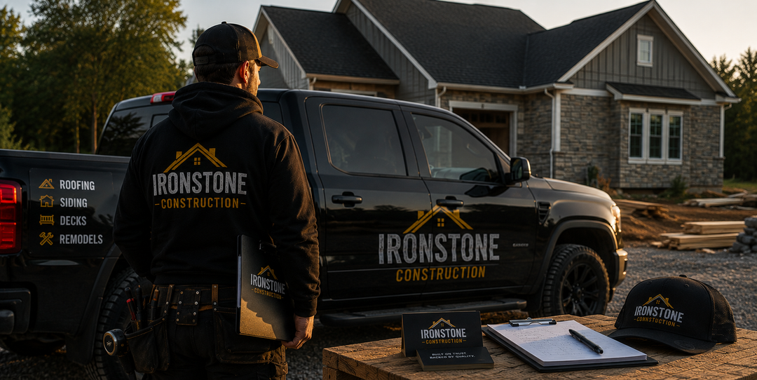 Contractor beside a branded work truck at a residential jobsite
