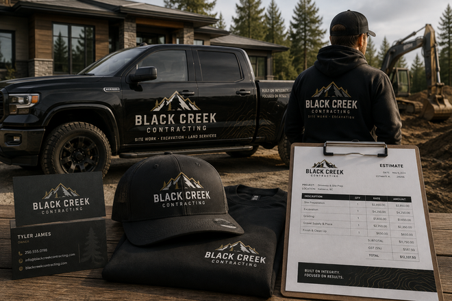 Black Creek contractor branding concept with truck graphics, workwear and print materials