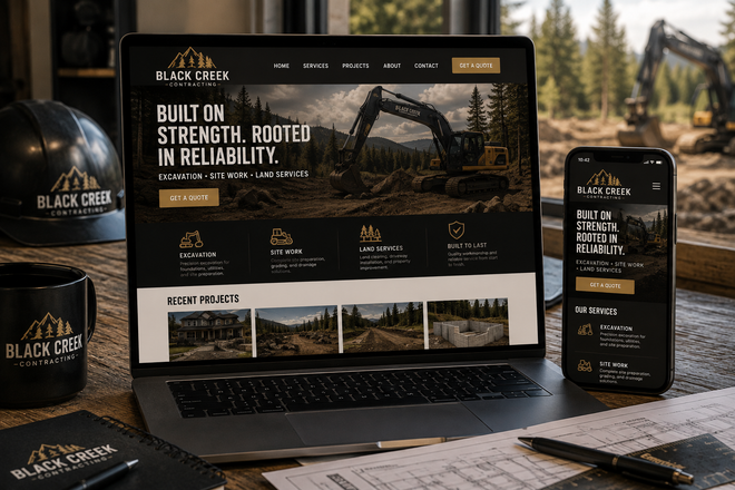 Black Creek Contracting website design concept shown on desktop and mobile devices at a contractor workspace