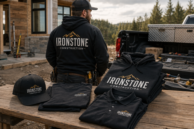 Ironstone Construction apparel branding concept with branded contractor hoodie, shirts, polo and embroidered work hat