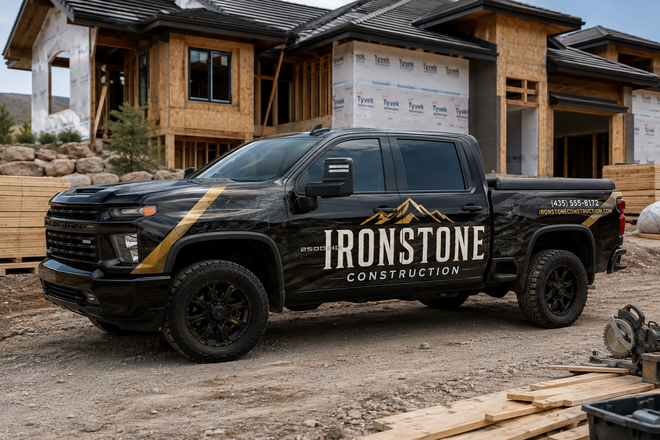 Photorealistic Ironstone Construction truck wrap mockup showing a black contractor pickup at a residential construction jobsite.