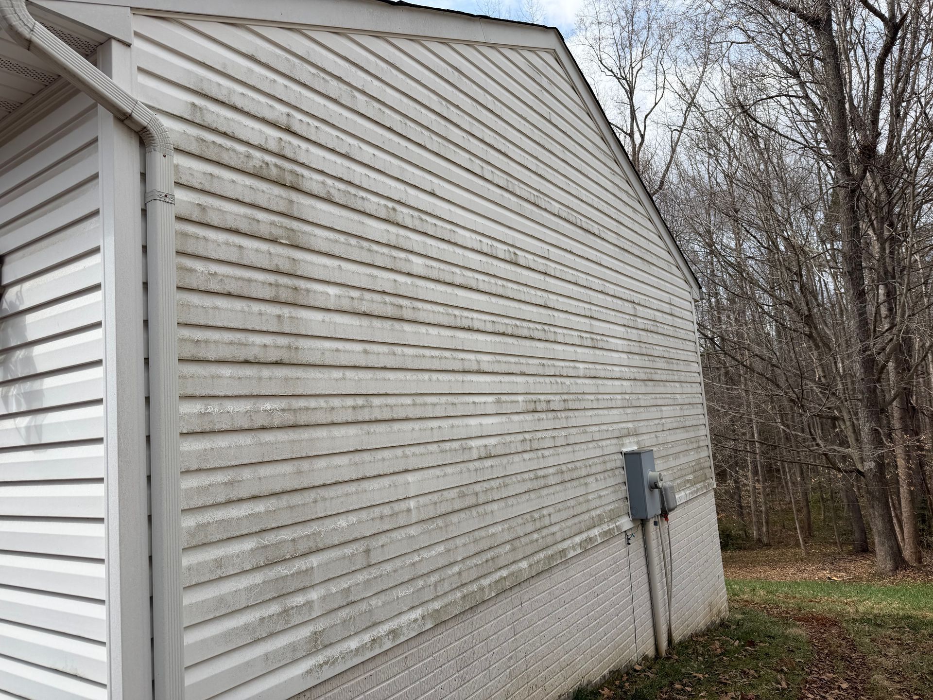 Side of a white vinyl-sided house with utility meter, backed by leafless trees and grass.