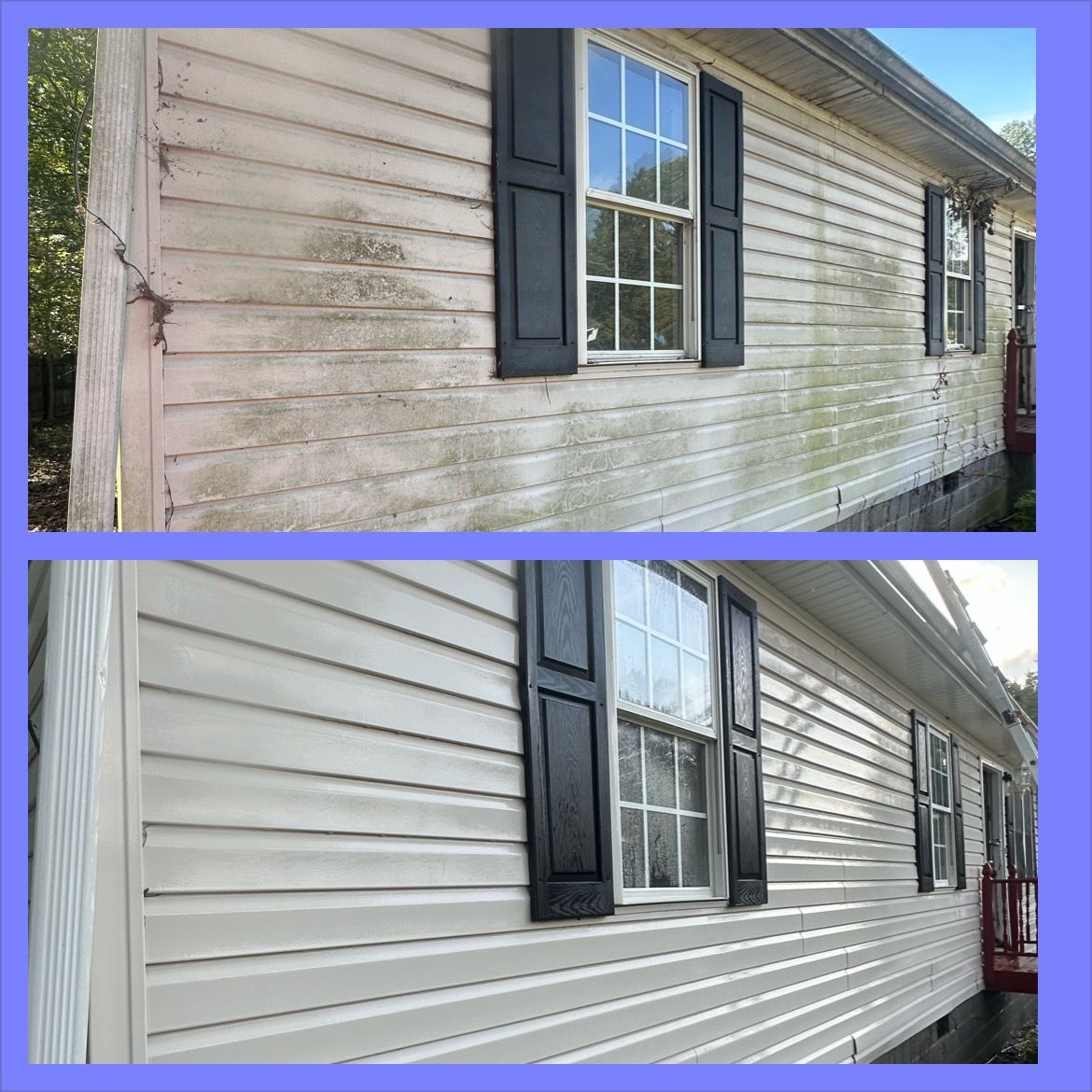 Before-and-after view of a house exterior with white siding and black shutters, showing a cleaned wall surface.