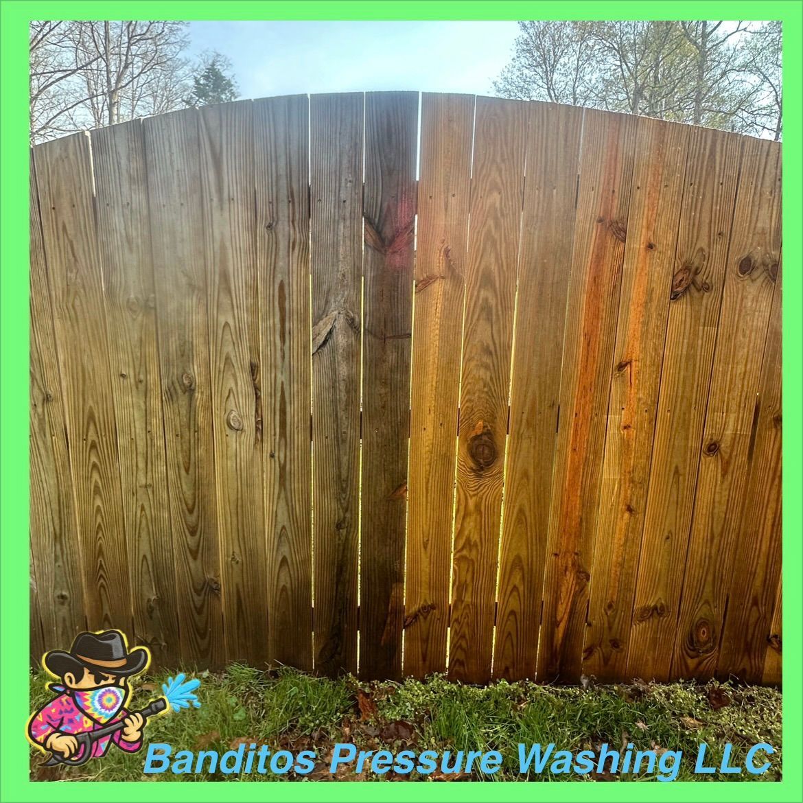 Weathered wooden fence before pressure washing, with green grass and Banditos Pressure Washing LLC logo.